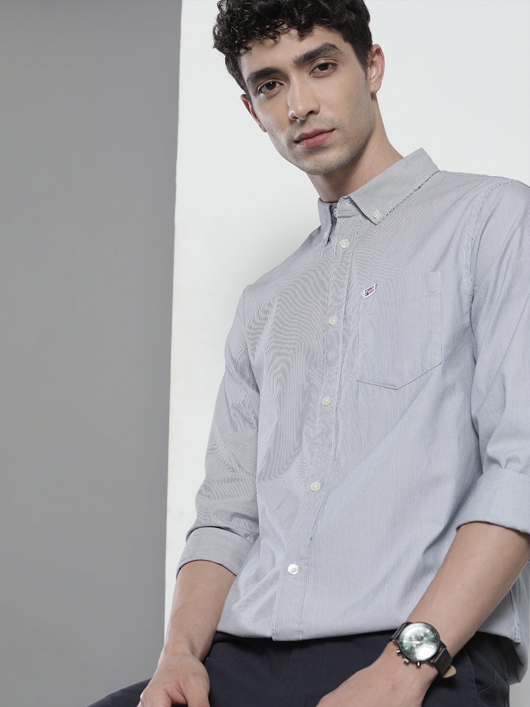 

Tommy Hilfiger Men Navy Blue & White Pinstripes Smart Casual Shirt