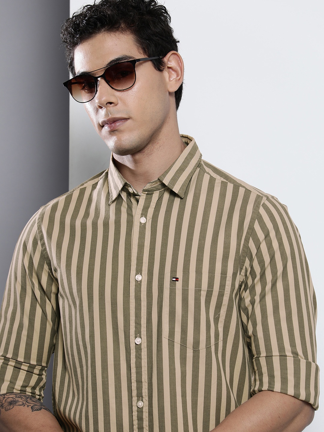 

Tommy Hilfiger Men Olive Green And Beige Striped Casual Shirt
