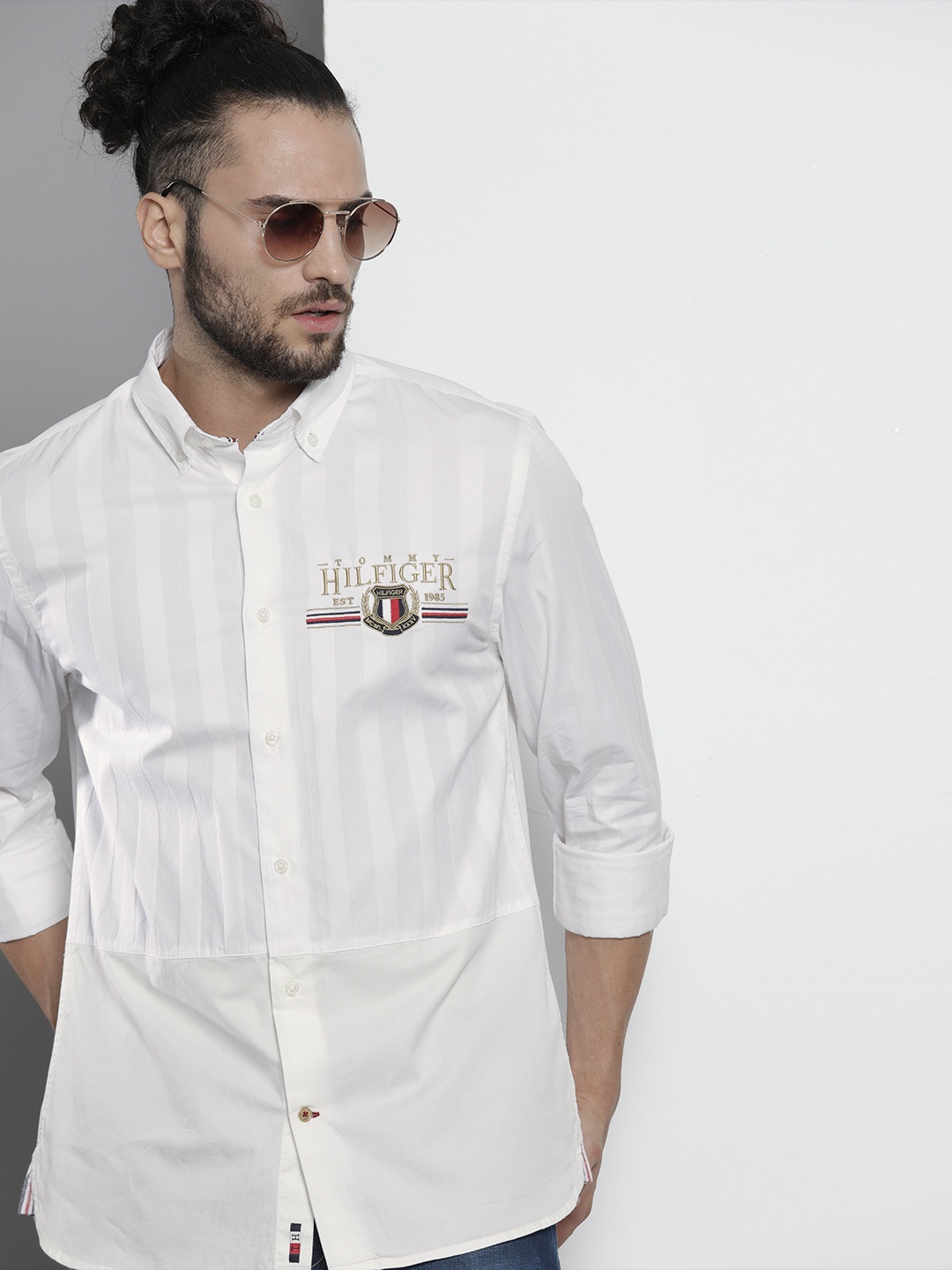 

Tommy Hilfiger Men White Striped Casual Shirt with Embroidery