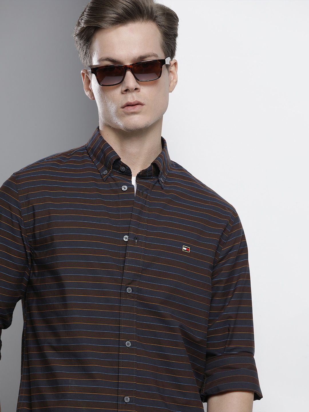 

Tommy Hilfiger Men Brown Horizontal Stripes Striped Casual Shirt