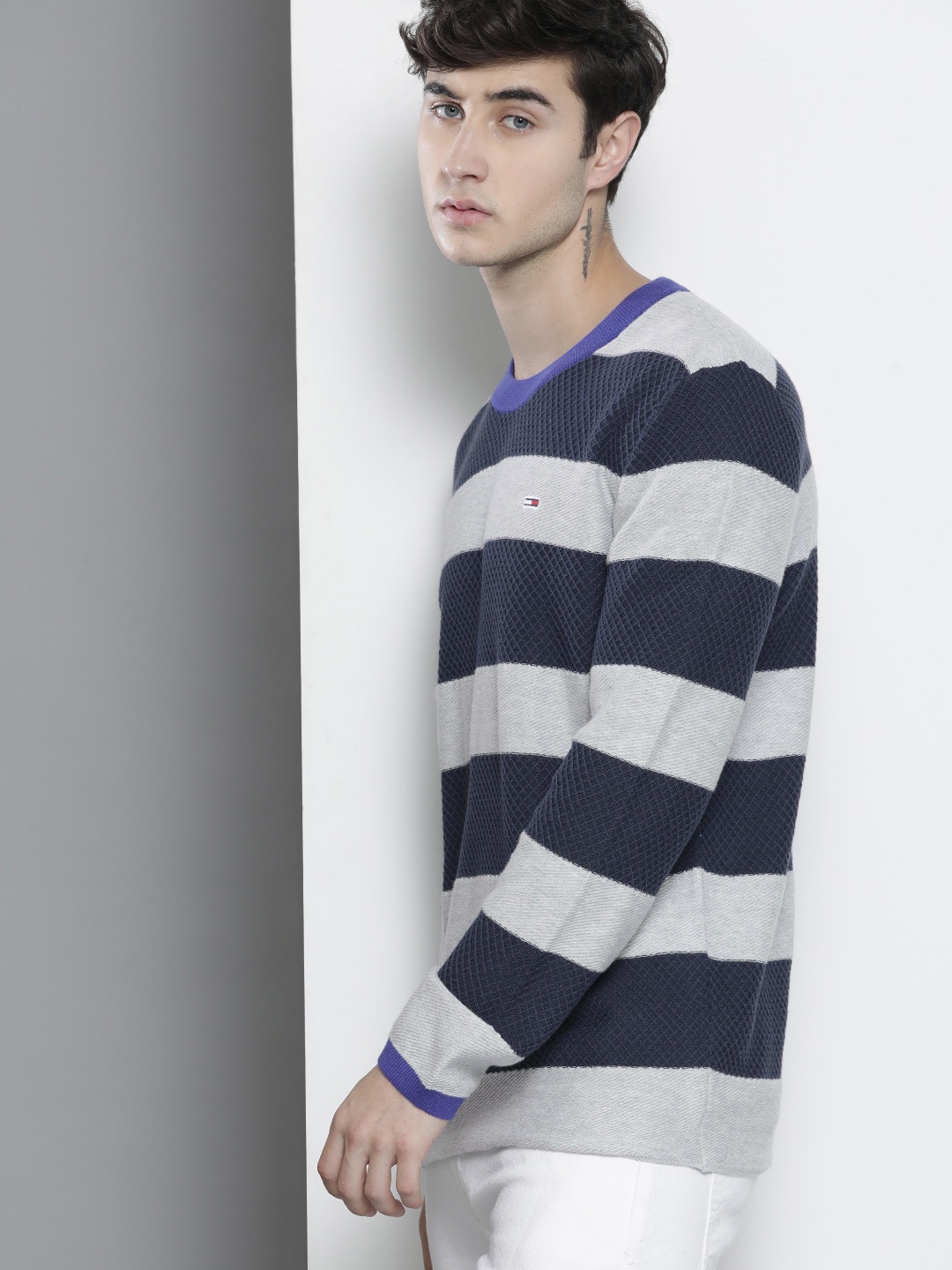 

Tommy Hilfiger Men Navy Blue & Grey Striped Organic Cotton Pullover
