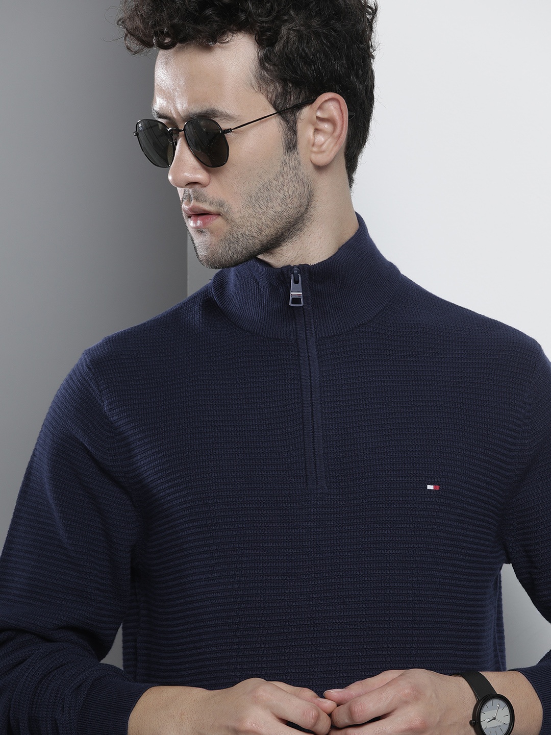 

Tommy Hilfiger Men Navy Blue Self Design Organic Cotton Pullover