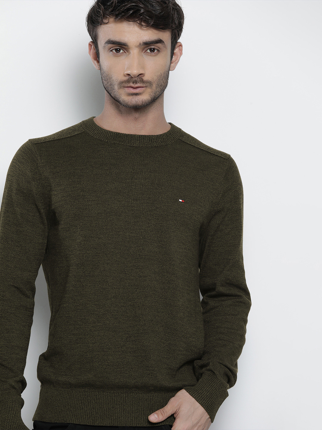 

Tommy Hilfiger Men Olive Green & Black Self-Design Pure Cotton Pullover Sweater