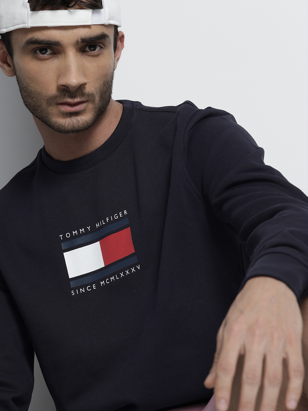 

Tommy Hilfiger Men Navy Blue Brand Logo Printed Pure Organic Cotton Sweatshirt