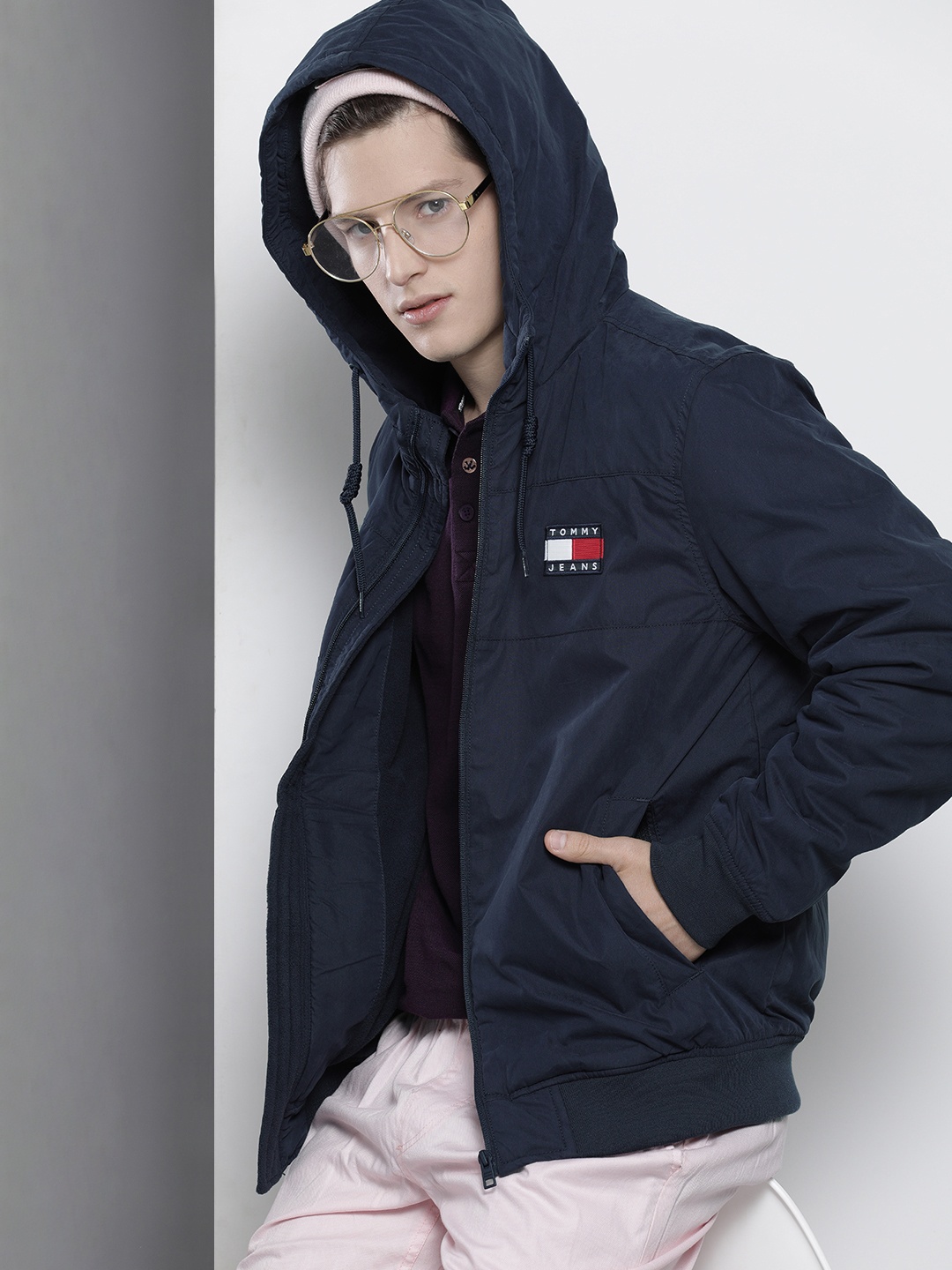 

Tommy Hilfiger Men Navy Blue Hooded Bomber Jacket