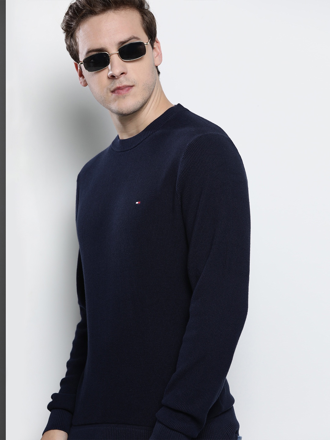 

Tommy Hilfiger Men Navy Blue Self-Design Organic Cotton Pullover Sweater