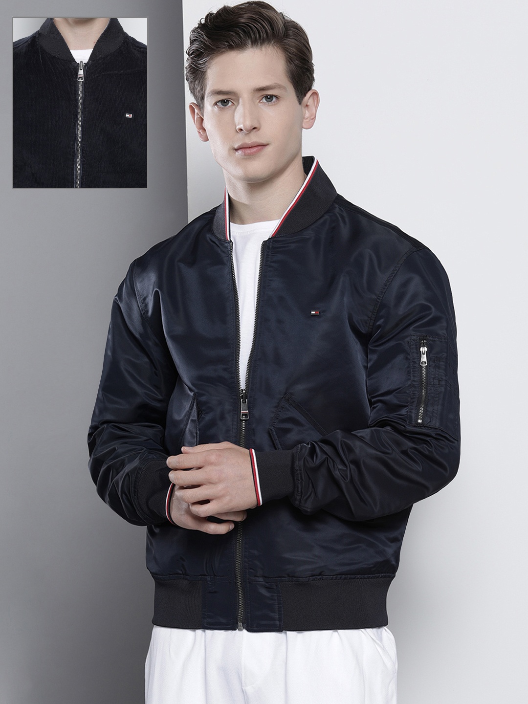 

Tommy Hilfiger Men Navy Blue Solid Corduroy Reversible Bomber Jacket