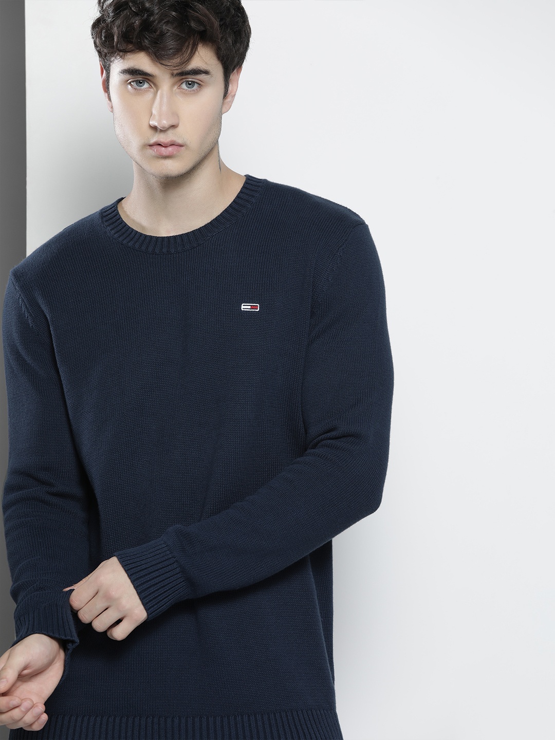

Tommy Hilfiger Men Navy Blue Solid Pure Cotton Pullover Sweater