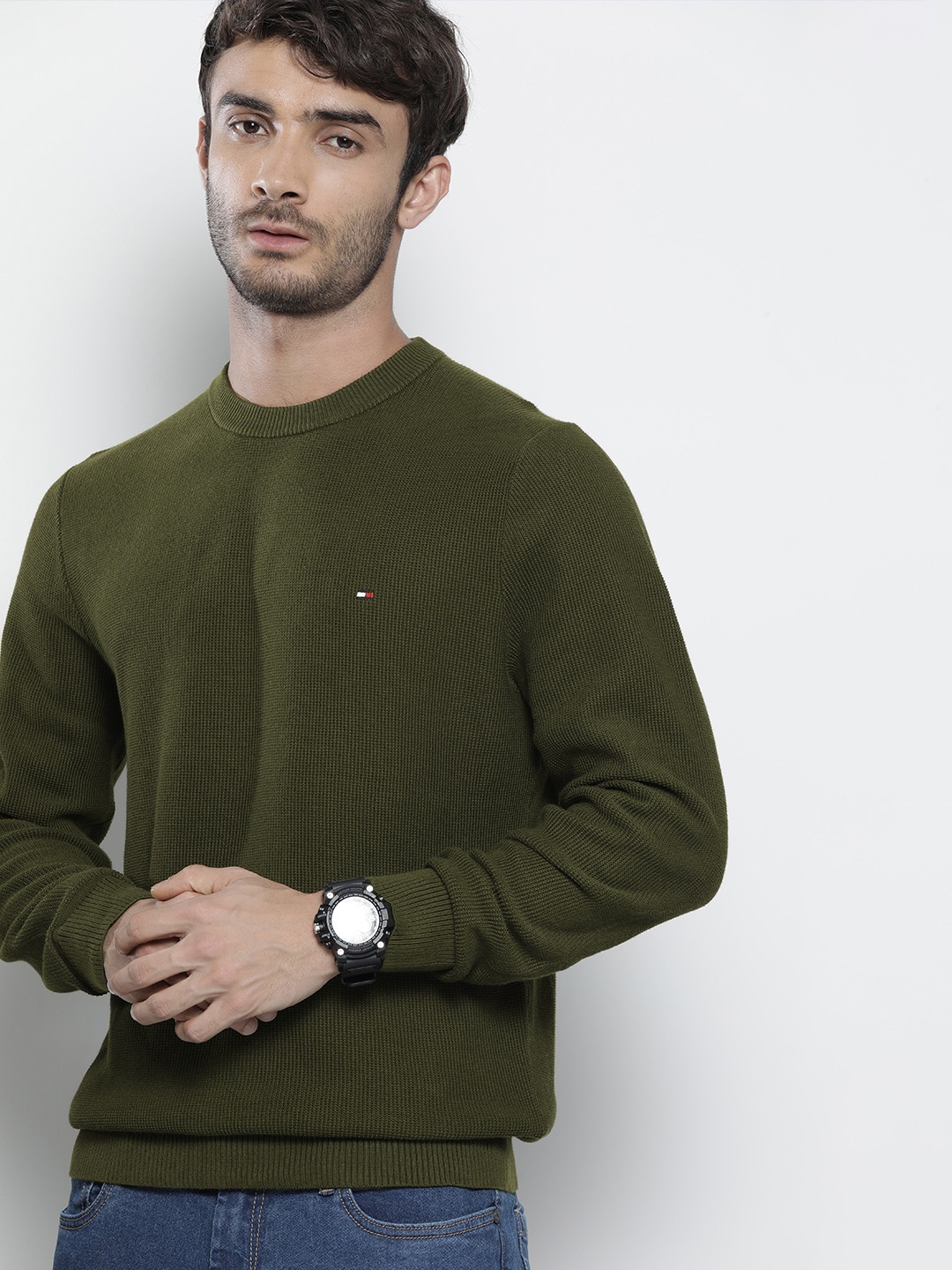 

Tommy Hilfiger Men Olive Green Solid Pure Cotton Pullover Sweater