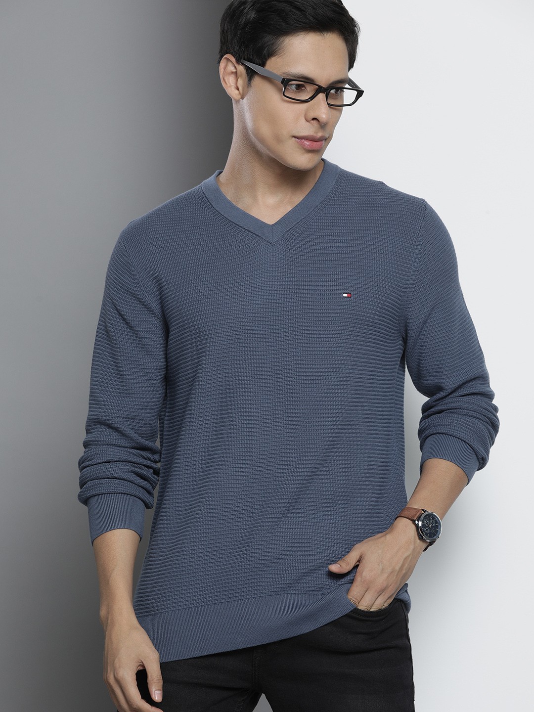 

Tommy Hilfiger Men Blue Self Design Pullover Sweater