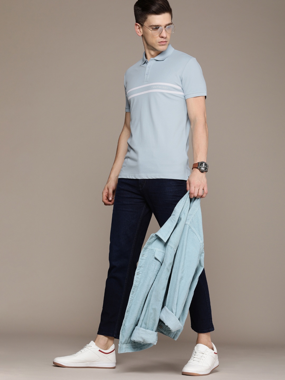 

Calvin Klein Jeans Men Blue & White Striped Polo Collar Slim Fit T-shirt