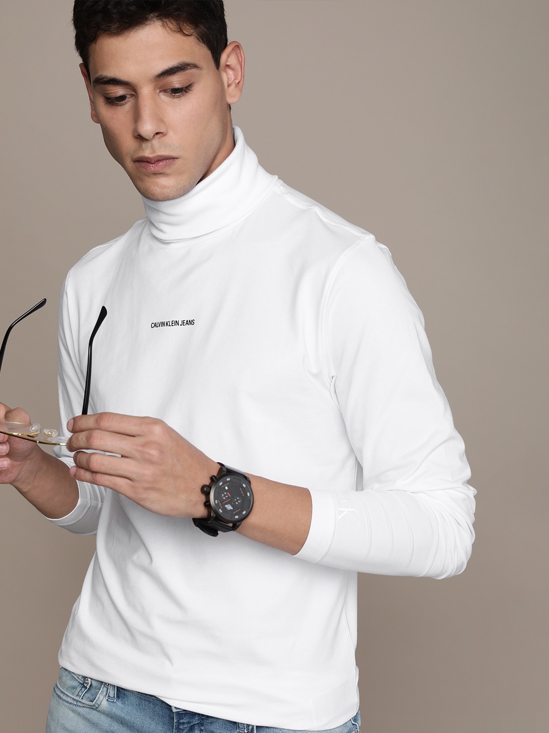 

Calvin Klein Jeans Men White Turtle Neck T-shirt with Brand Logo Print Detail