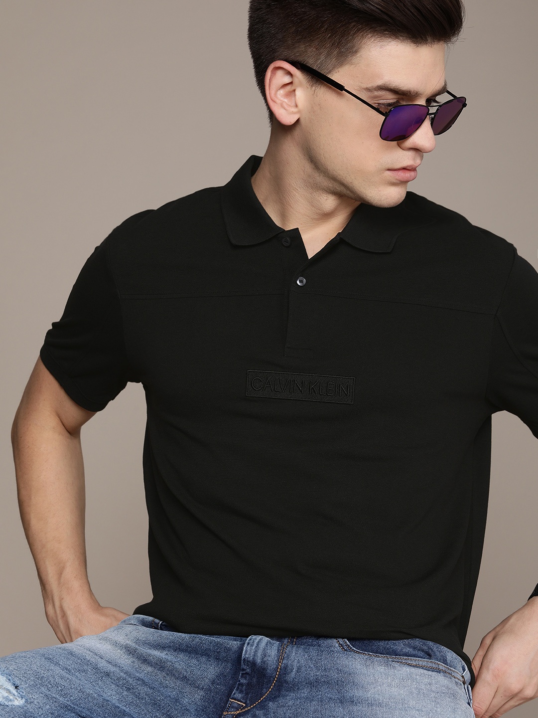 

Calvin Klein Jeans Men Black Polo Collar Pure Cotton T-shirt