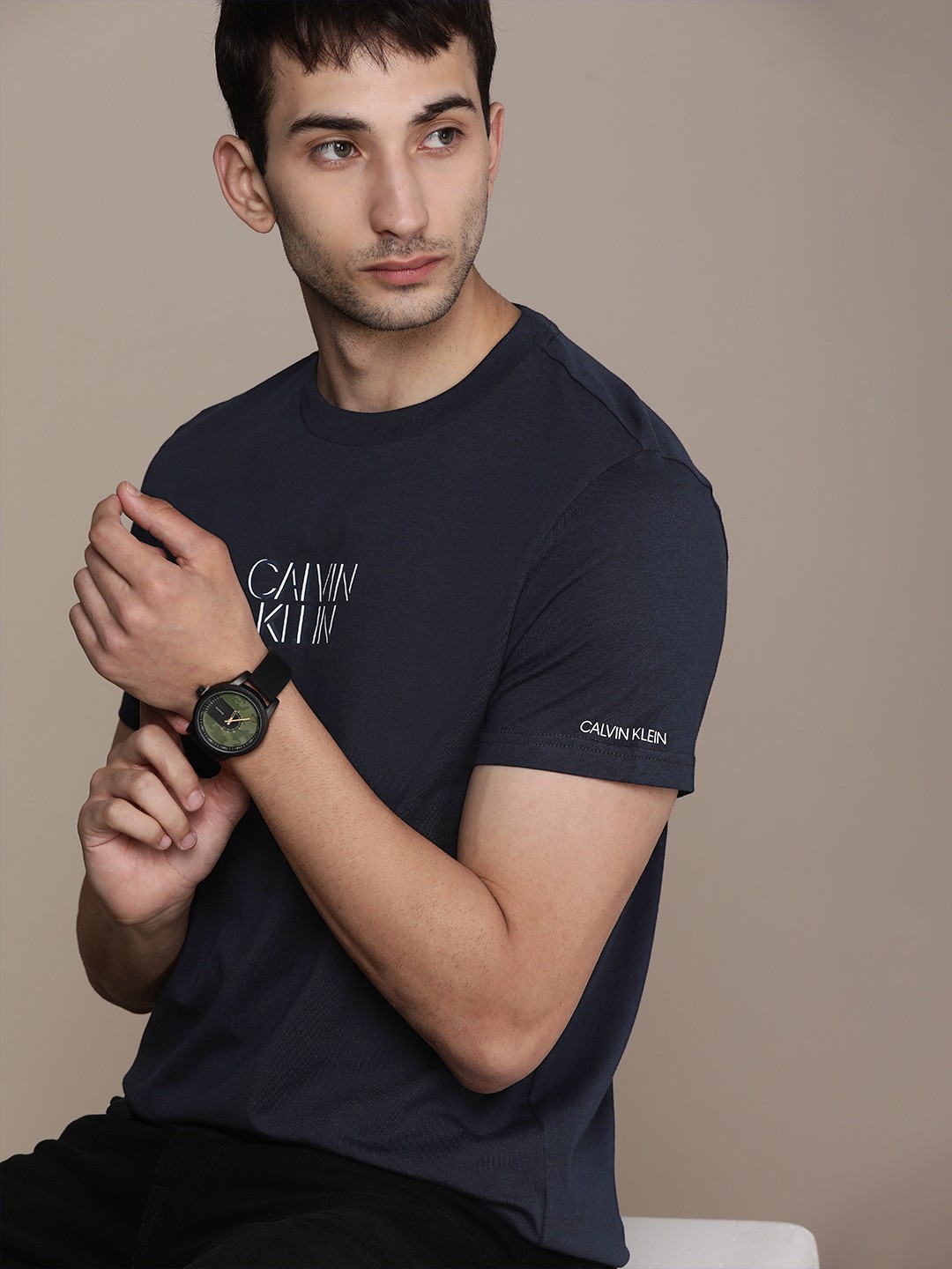 

Calvin Klein Jeans Men Navy Blue Brand Logo Printed Organic Cotton T-shirt