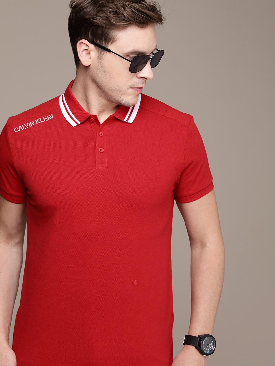 

Calvin Klein Jeans Men Red Printed Polo Collar Slim Fit T-shirt