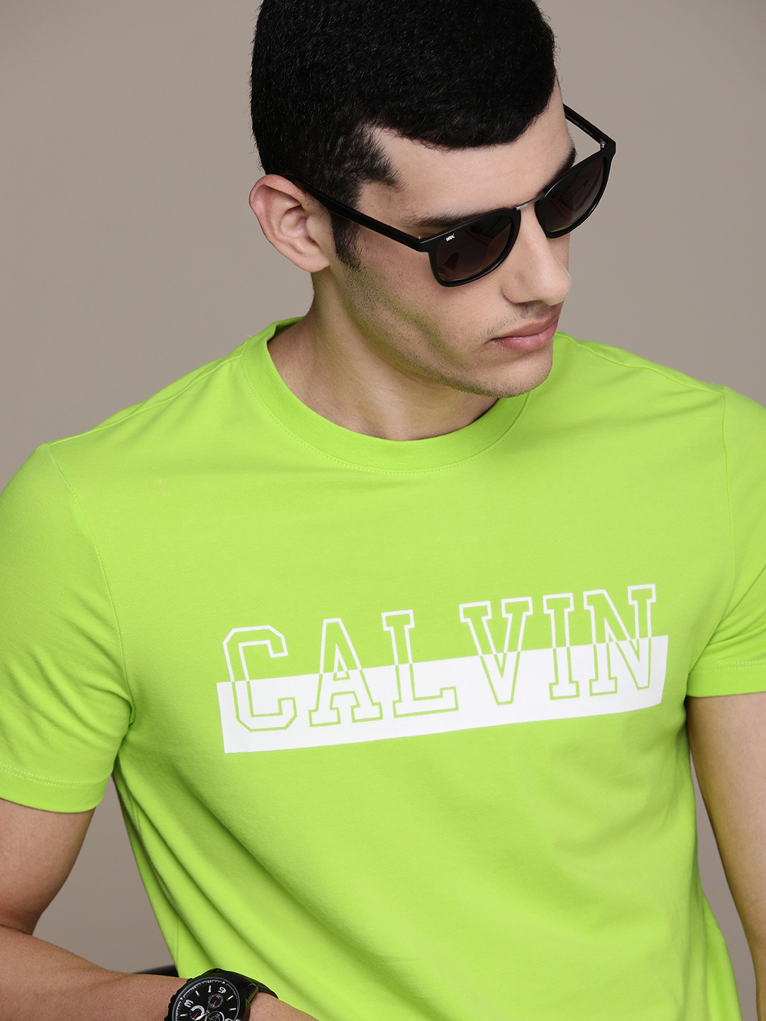 

Calvin Klein Jeans Men Neon Green Logo Printed Slim Fit Casual T-shirt, Lime green