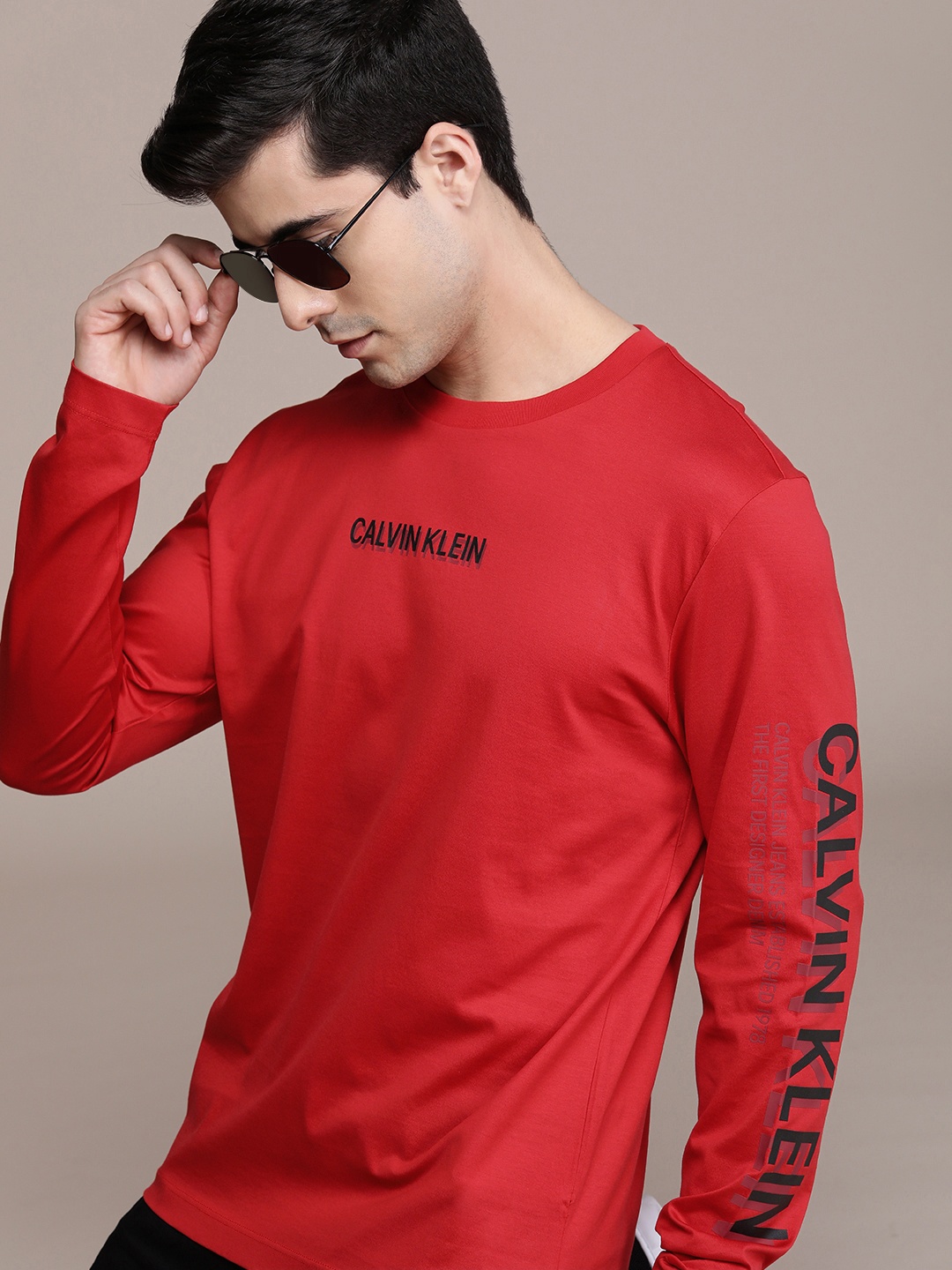 

Calvin Klein Jeans Men Red Brand Logo Printed Pure Cotton T-shirt