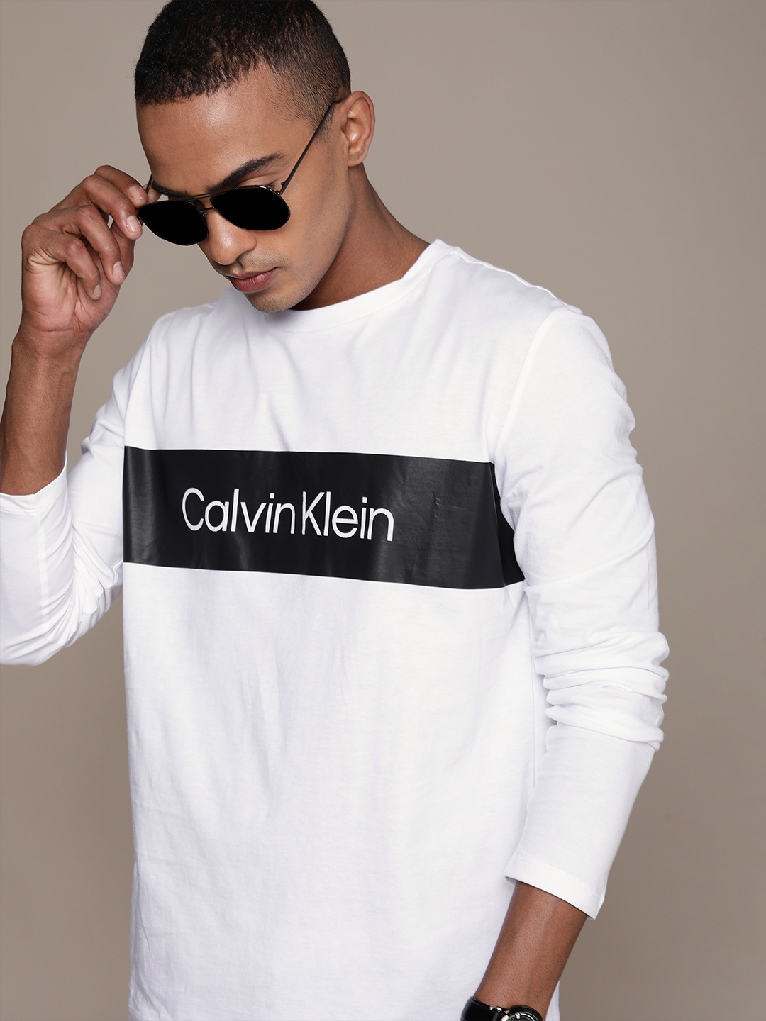 

Calvin Klein Jeans Men White ICONIC BLOCK Brand Logo Printed Pure Cotton Casual T-shirt