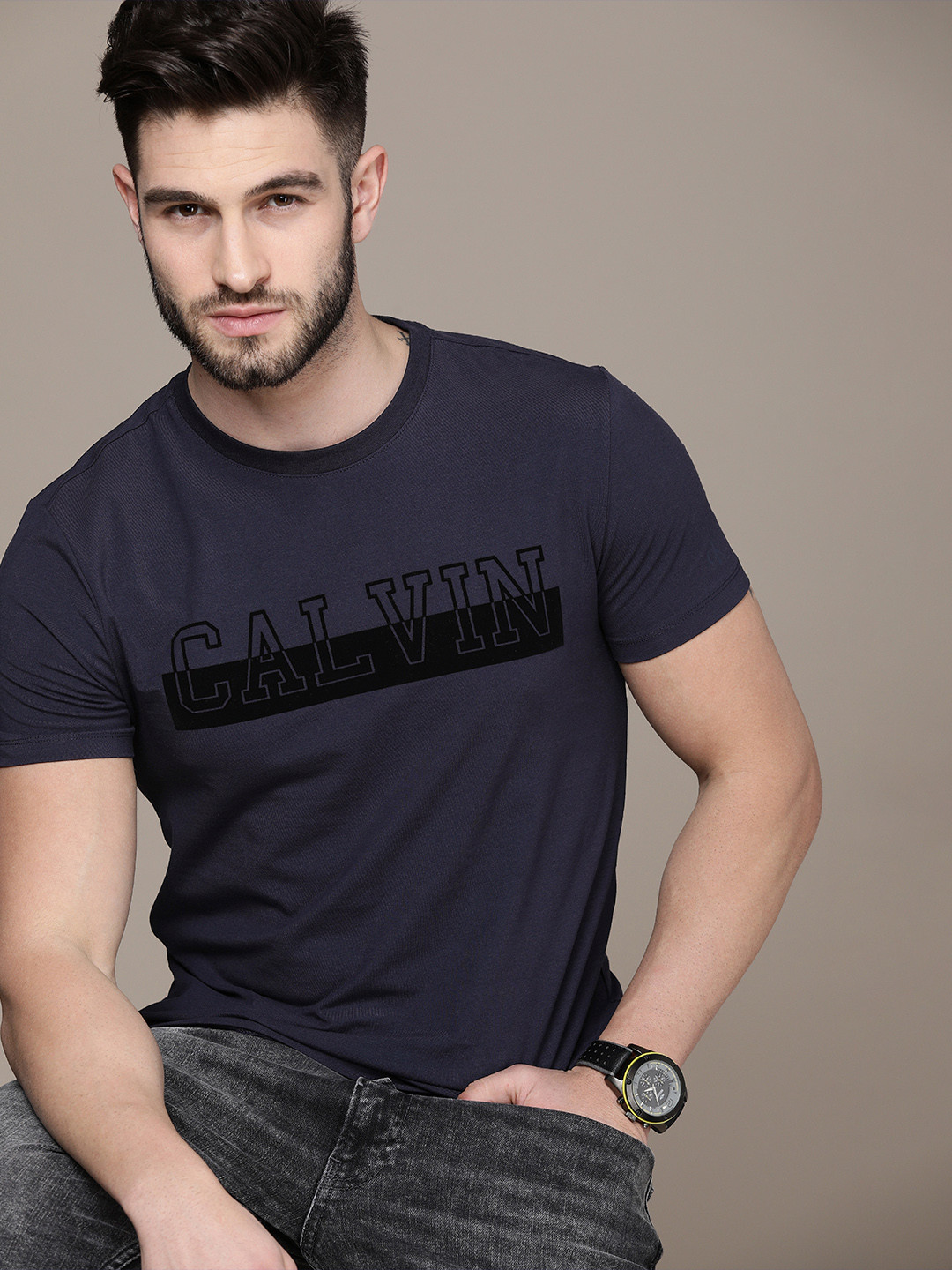 

Calvin Klein Jeans Men Navy Blue Brand Logo Printed Slim Fit T-shirt