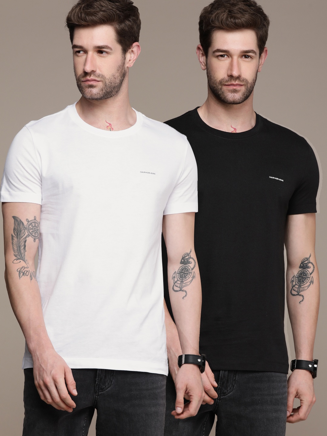 

Calvin Klein Jeans Men Pack of 2 White Black Organic Cotton Slim Fit Organic Cotton T-shirt