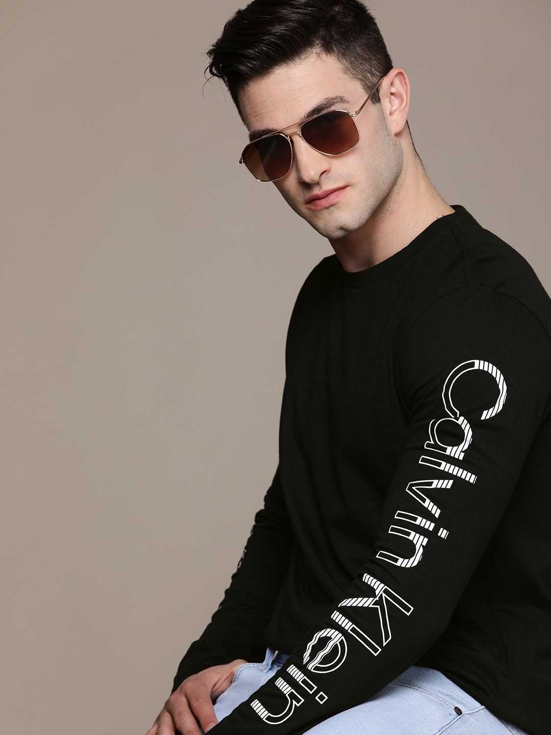 

Calvin Klein Jeans Men Black SPLICED Brand Logo Printed Pure Cotton Casual T-shirt