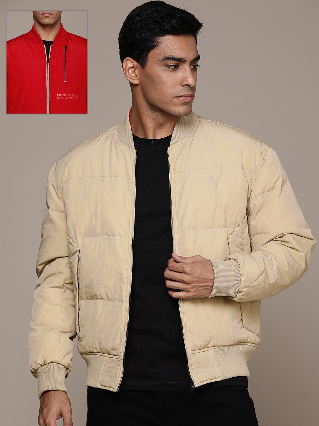 

Calvin Klein Jeans Men Beige & Red Solid Reversible Sustainable Bomber Jacket
