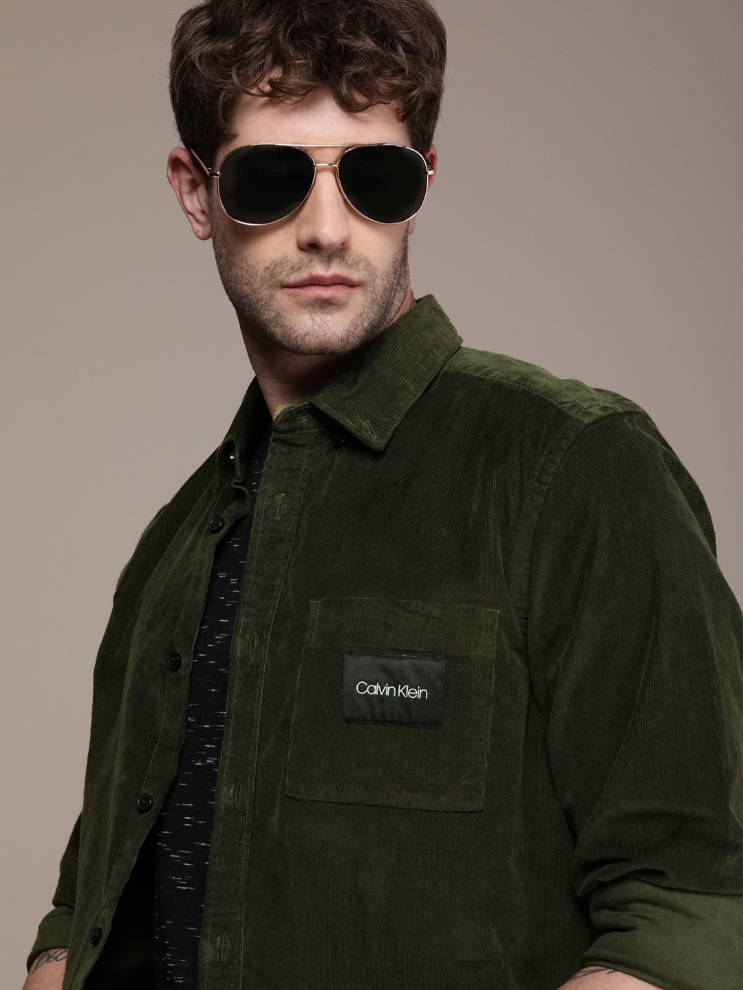 

Calvin Klein Jeans Men Olive Green Opaque Corduroy Casual Shirt