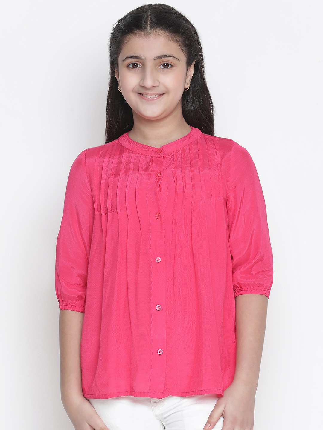

Oxolloxo Girls Pink Solid Casual Shirt With Pleated Detail