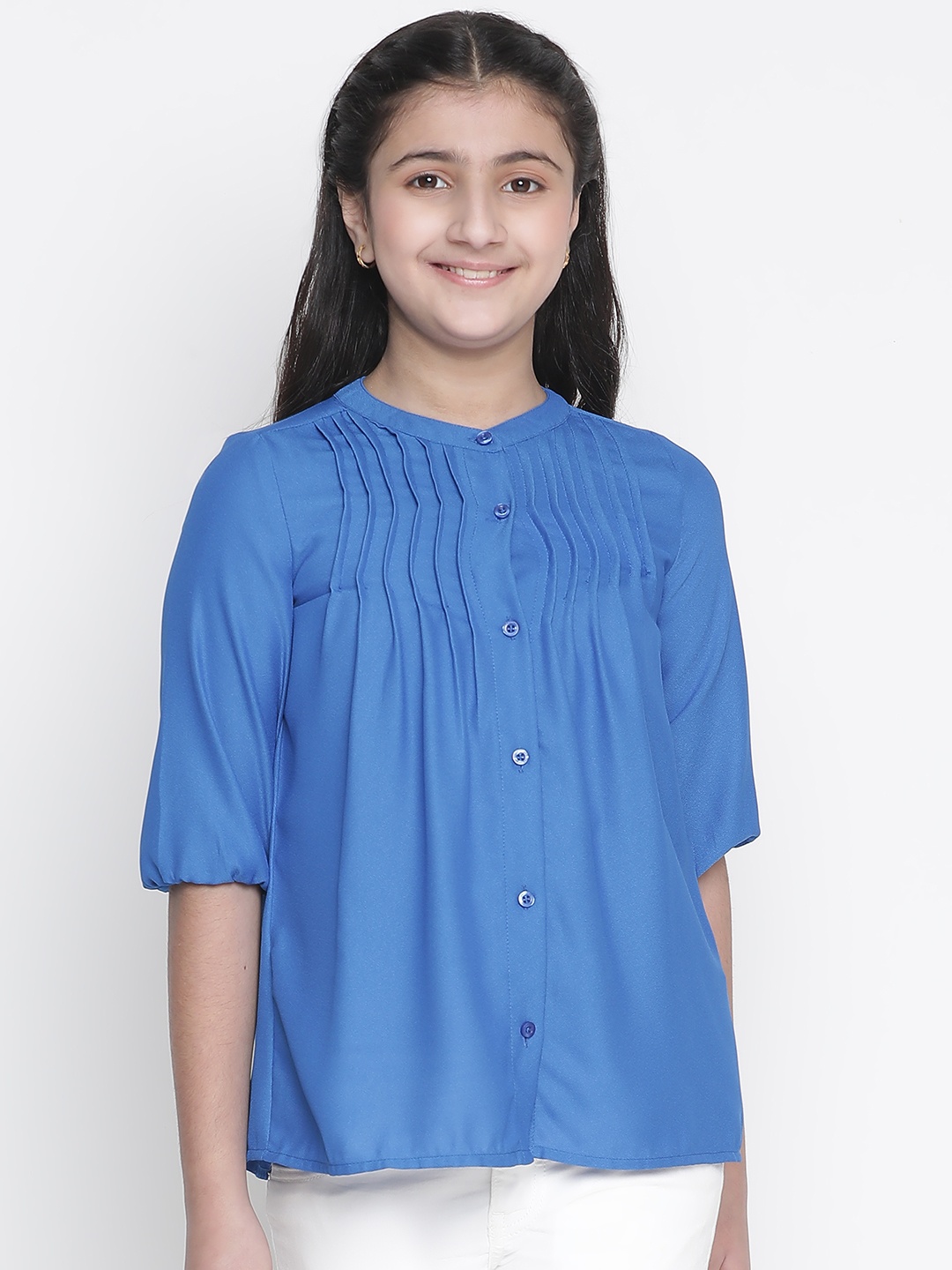 

Oxolloxo Girls Blue Solid Casual Shirt With Pleated Detail