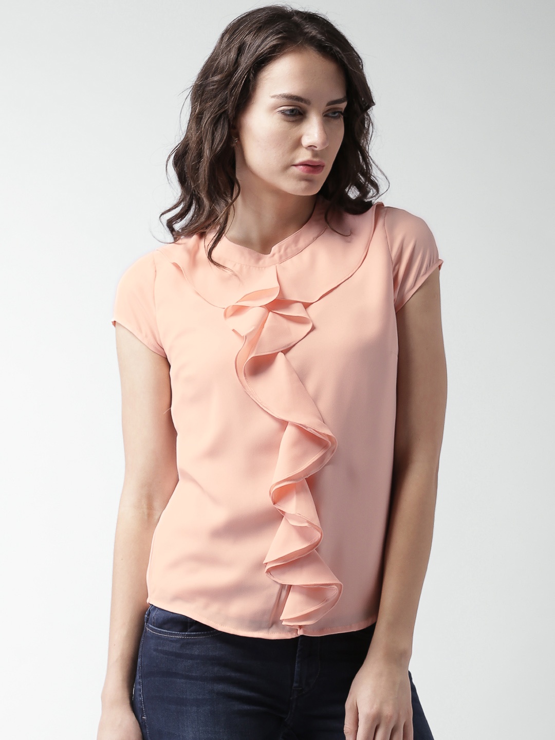 

Mast & Harbour Peach-Coloured Mandarin Collar Ruffles Top