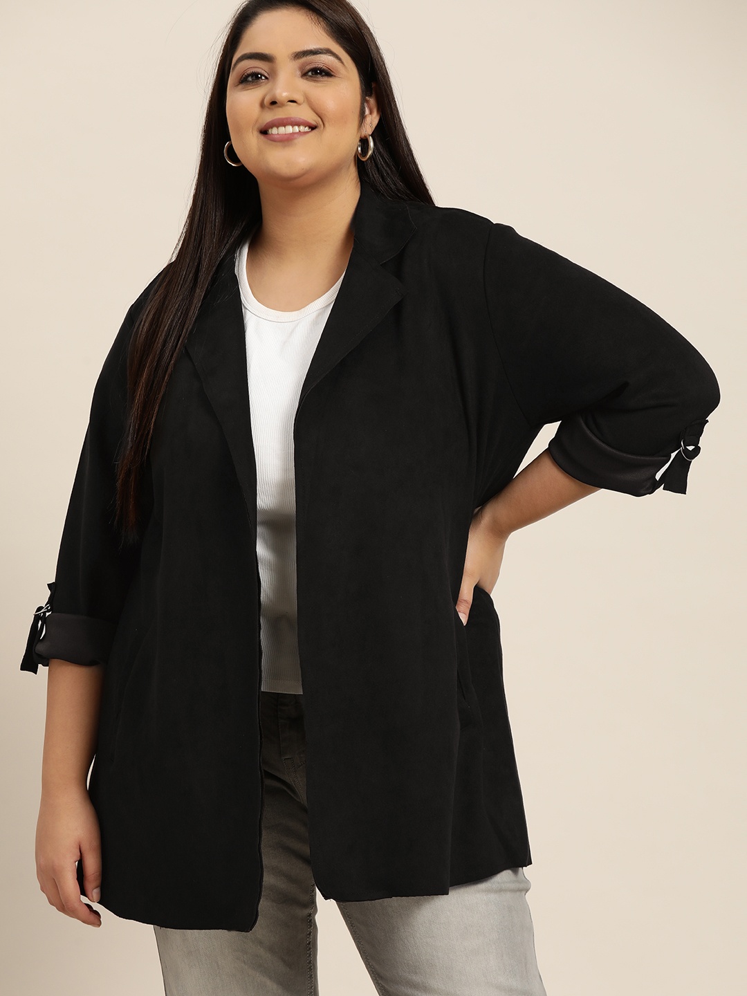 

Sztori Women Plus Size Black Solid Tailored Jacket