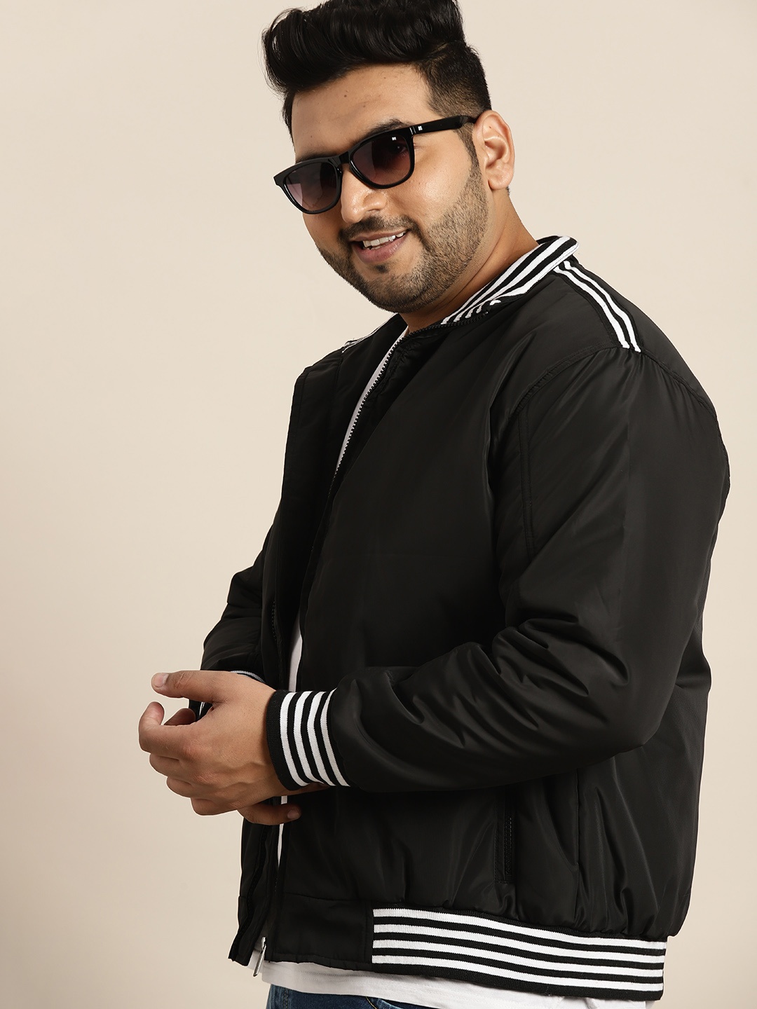

Sztori Plus Size Men Black Solid Lightweight Bomber Jacket