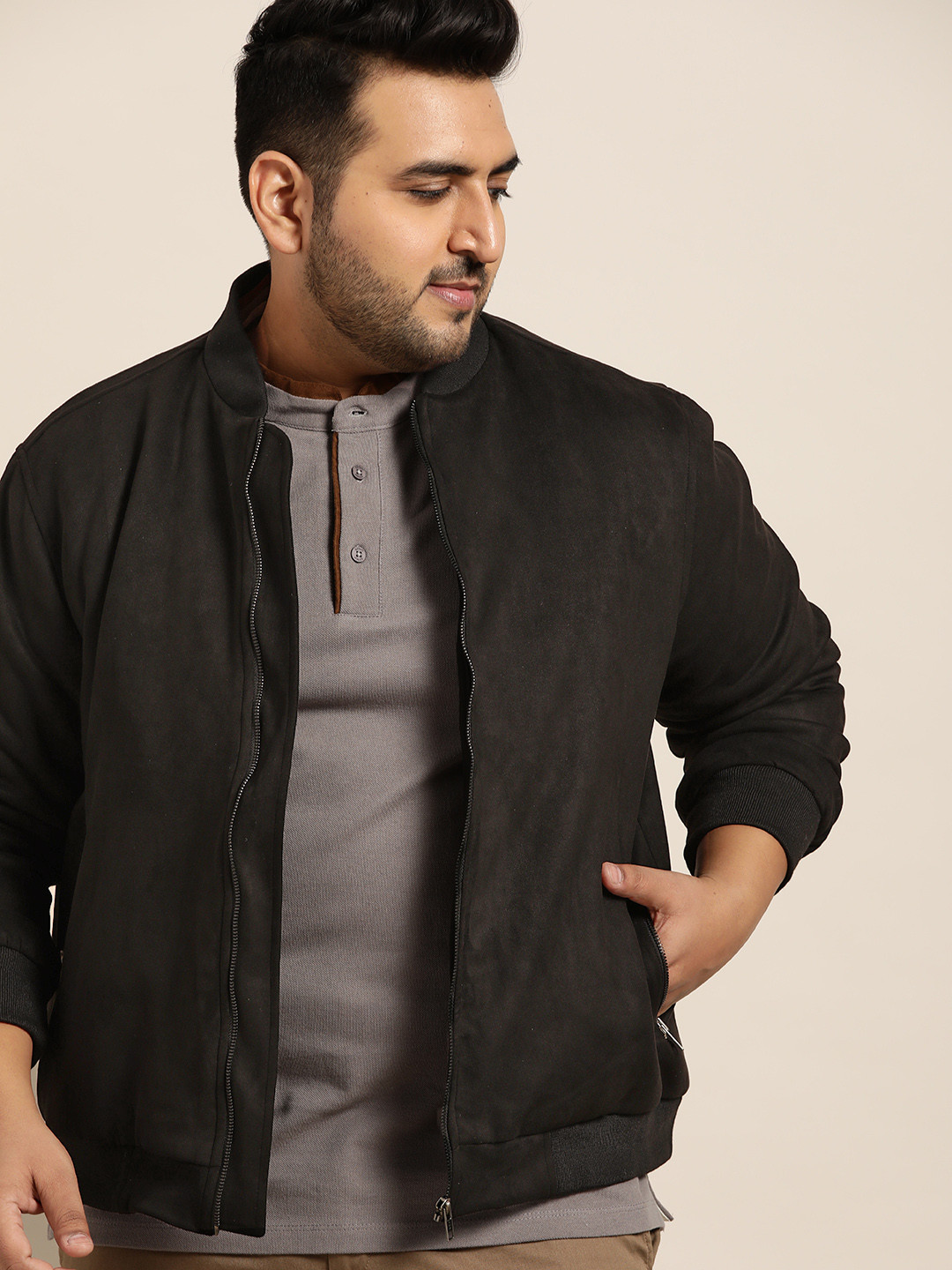 

Sztori Men Plus Size Black Solid Suede Finish Bomber Jacket