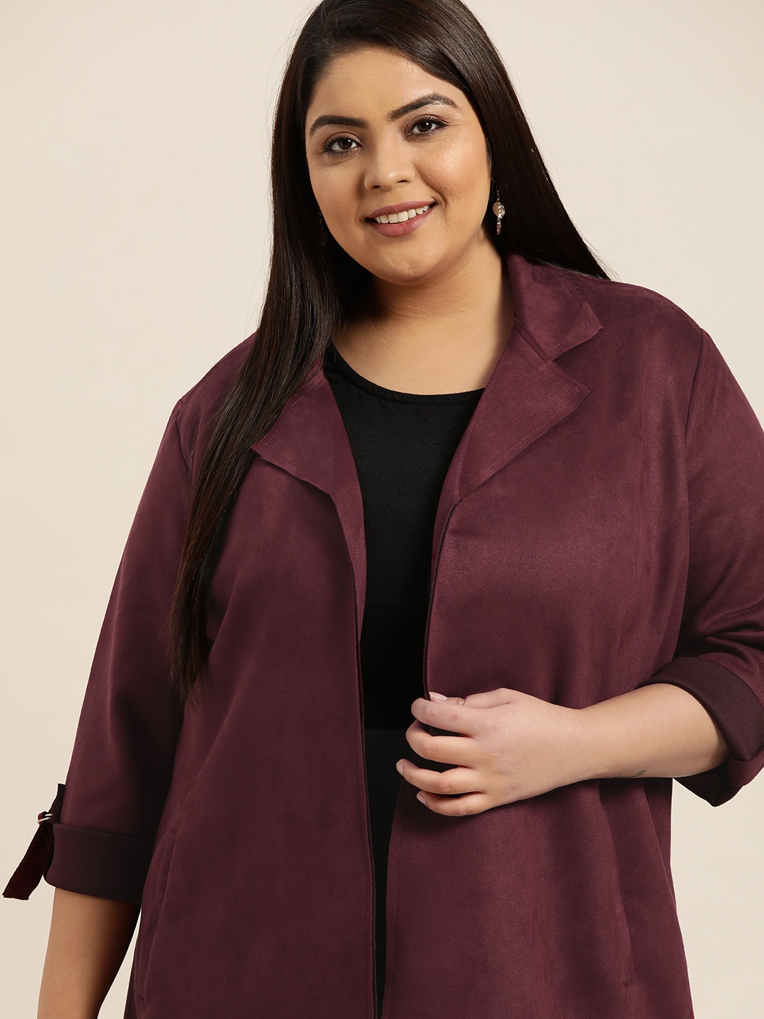 

Sztori Women Plus Size Burgundy Solid Tailored Jacket