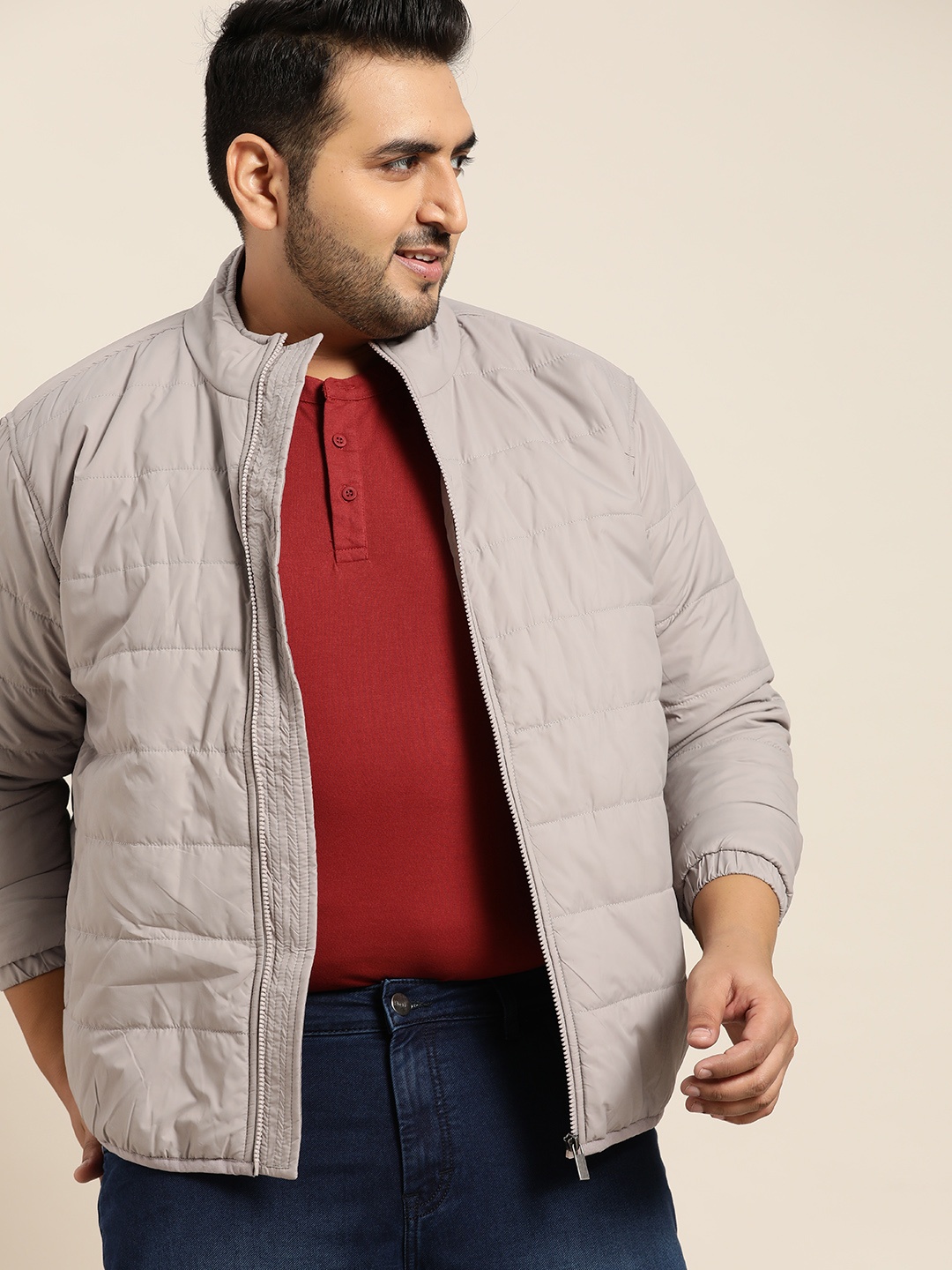

Sztori Men Plus Size Grey Solid Padded Packable Jacket