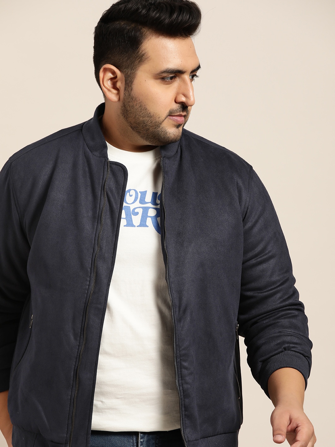 

Sztori Men Plus Size Navy Blue Solid Suede Finish Bomber Jacket