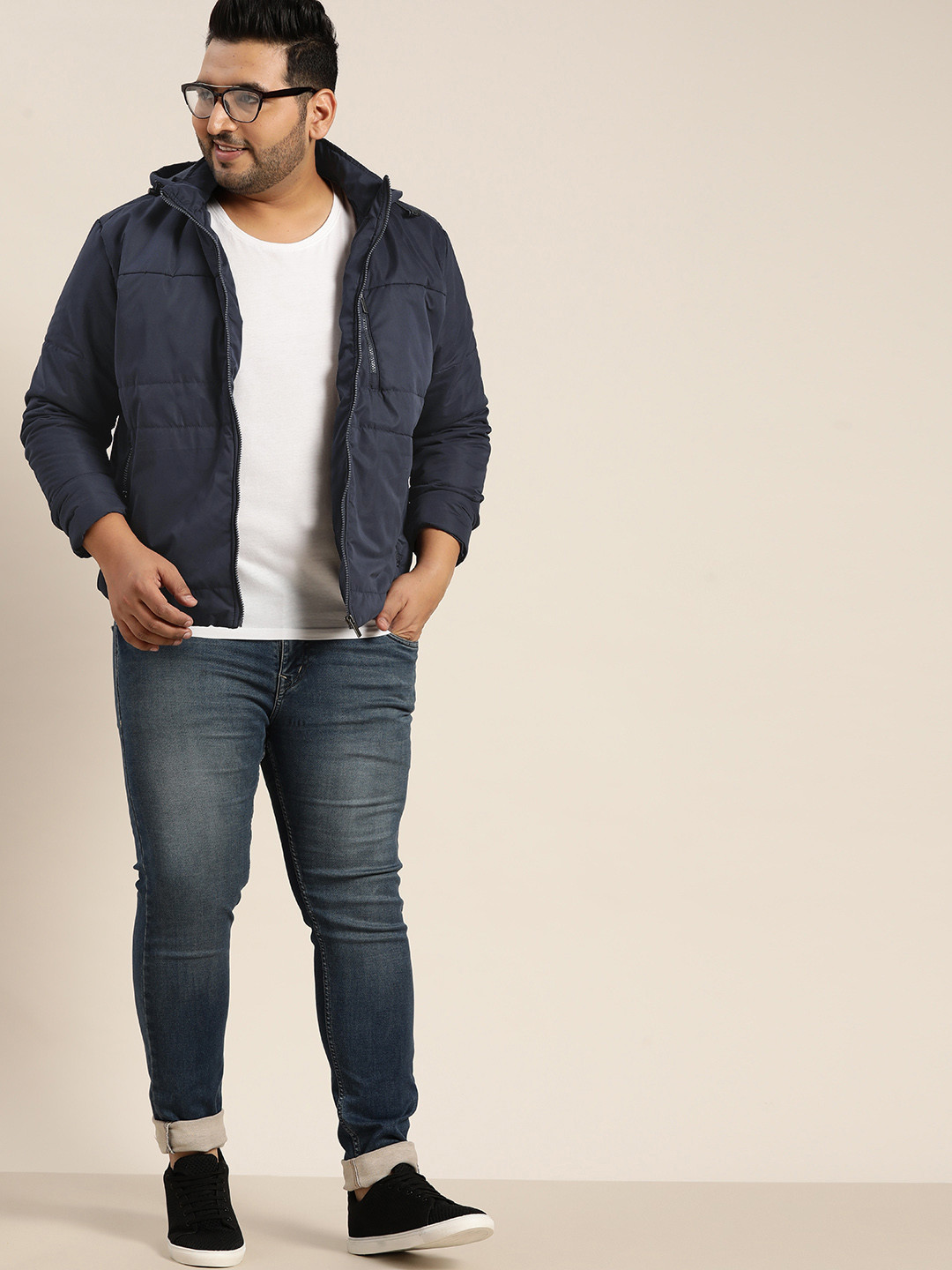 

Sztori Men Plus Size Navy Blue Hooded Padded Jacket