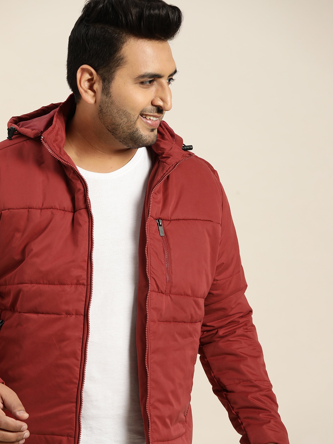 

Sztori Men Plus Size Red Solid Padded Jacket with Detachable Hood