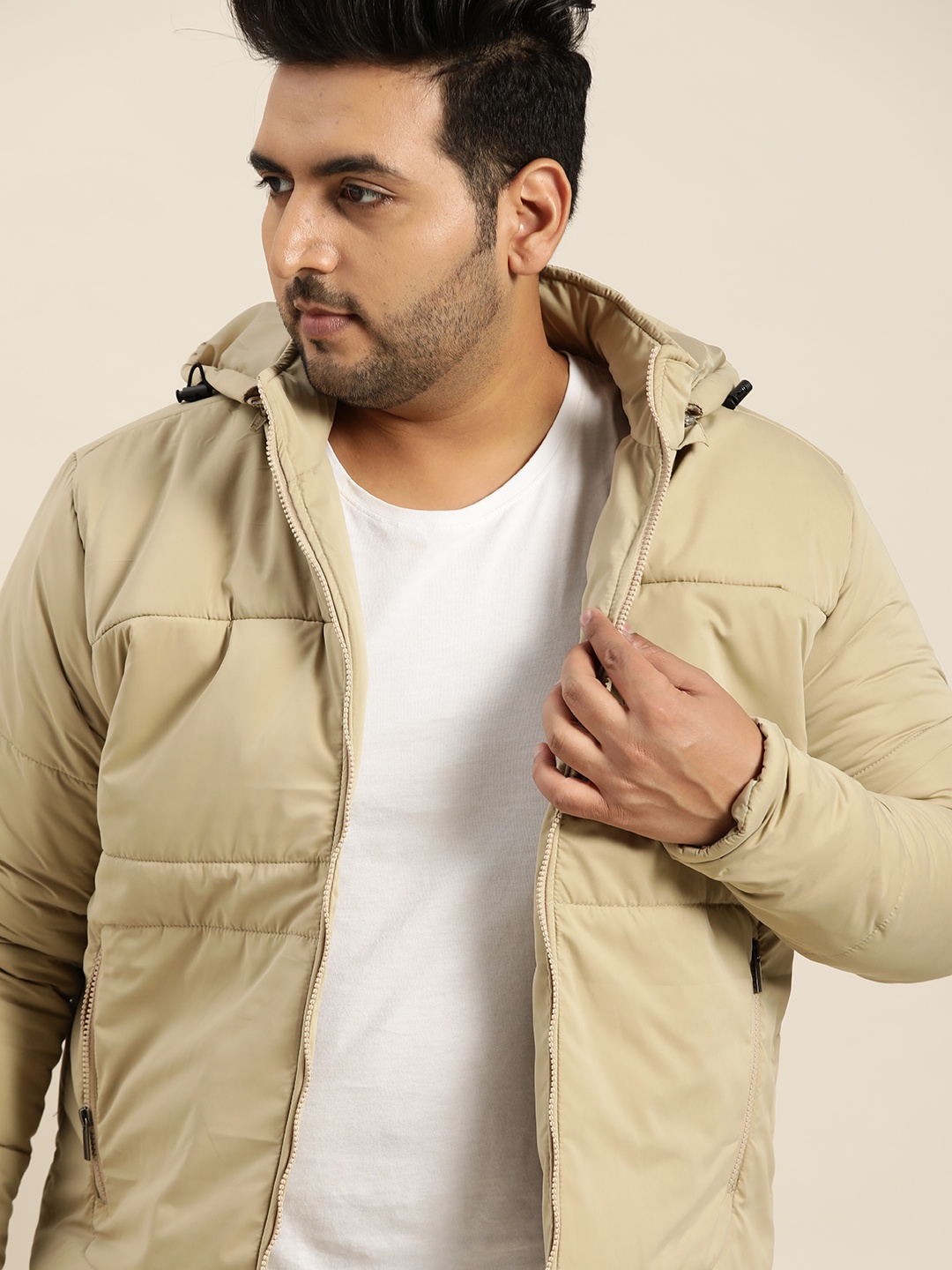 

Sztori Men Plus Size Beige Solid Padded Jacket with Detachable Hood