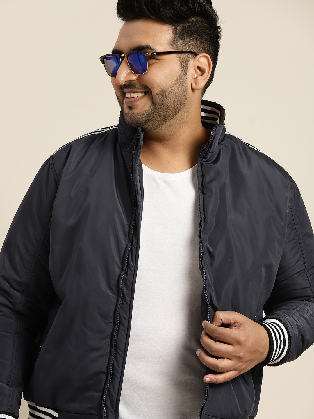 

Sztori Plus Size Men Navy Blue Lightweight Bomber Jacket