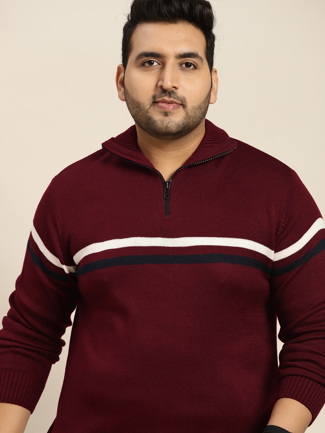 

Sztori Men Plus Size Maroon & White Solid Pullover with Stripe Detail