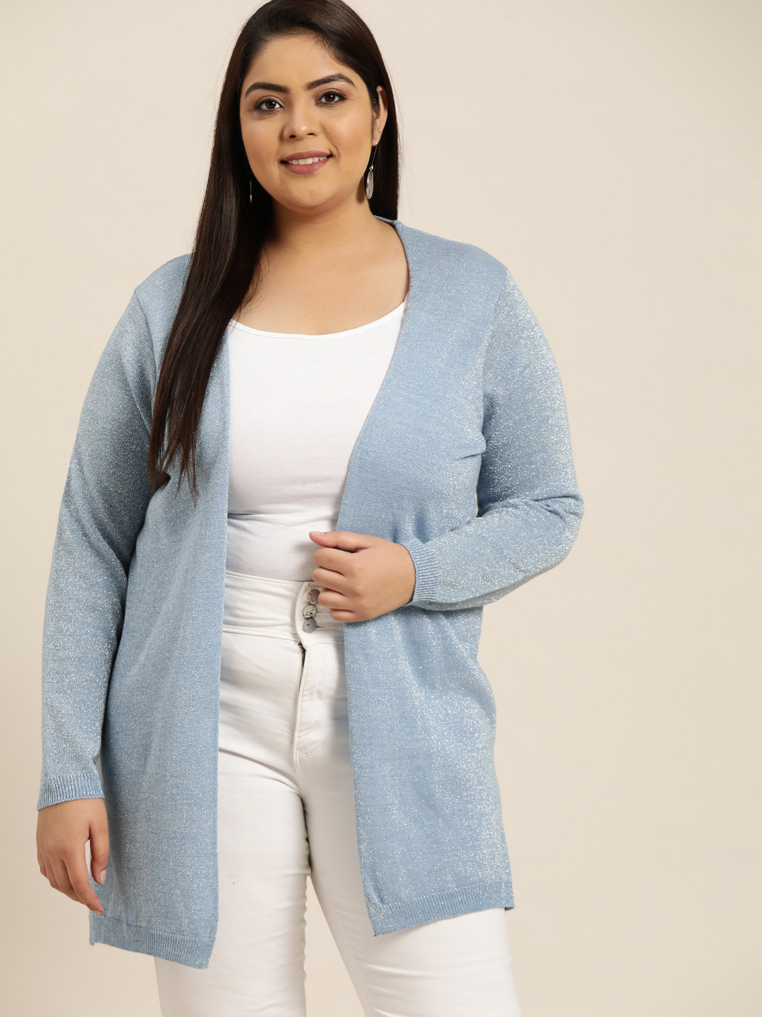 

Sztori Women Plus Size Blue Solid Front-Open Sweater with Glitter Details
