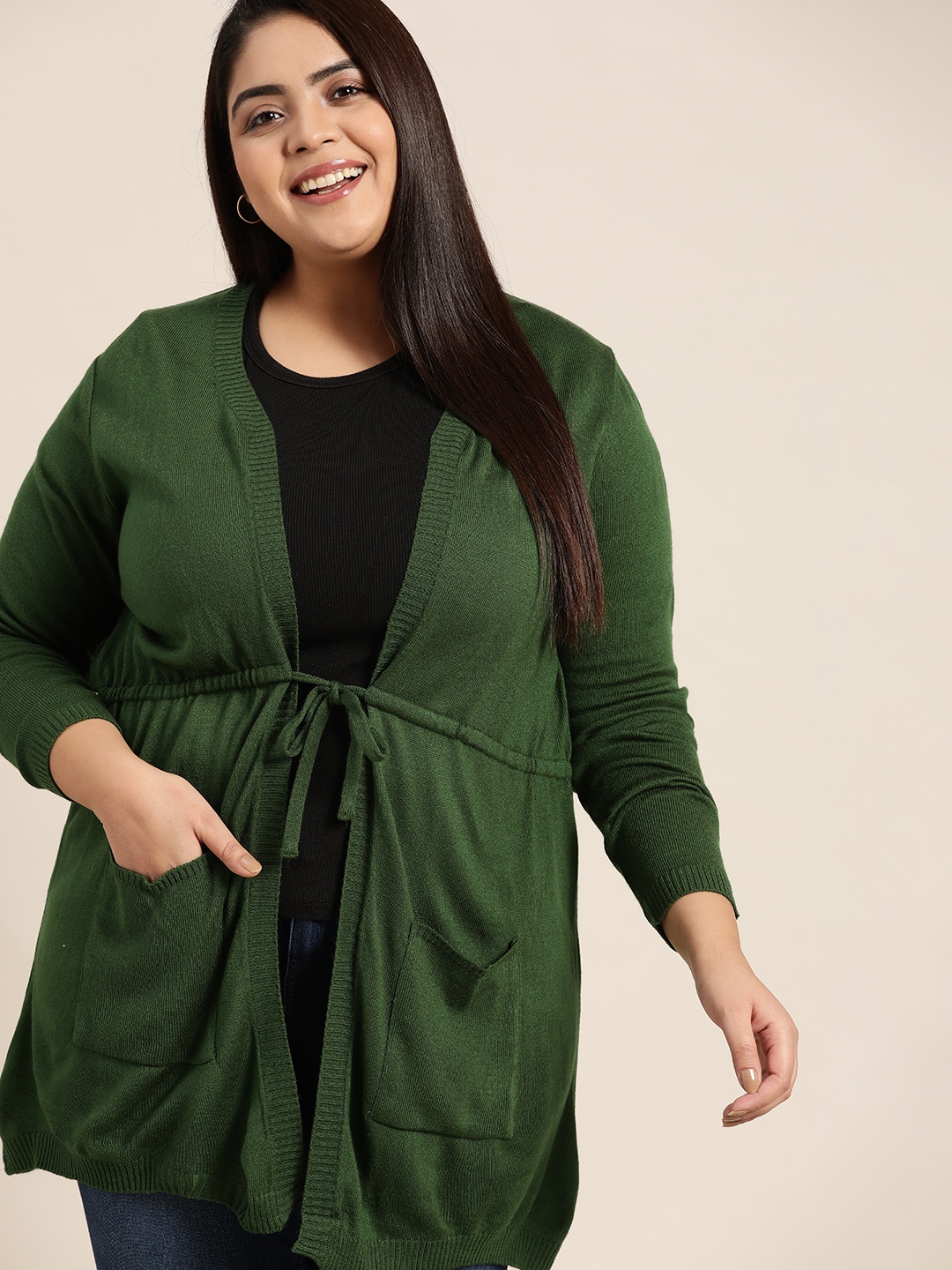 

Sztori Plus Size Women Olive Green Solid Longline Front-Open Sweater