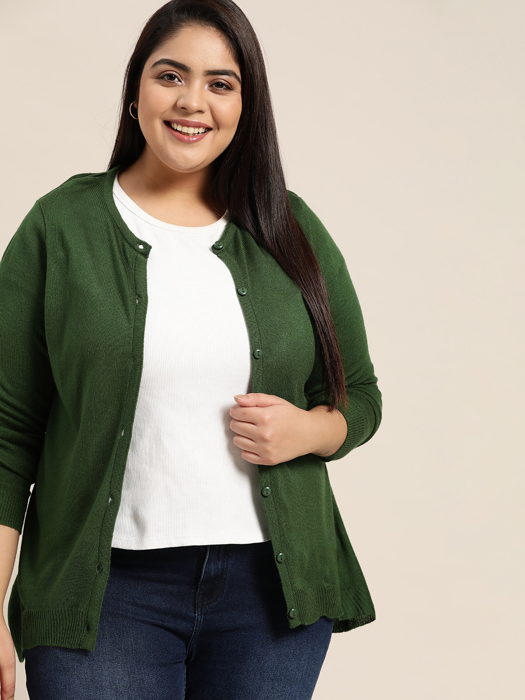 

Sztori Plus Size Women Olive Green Solid Cardigan