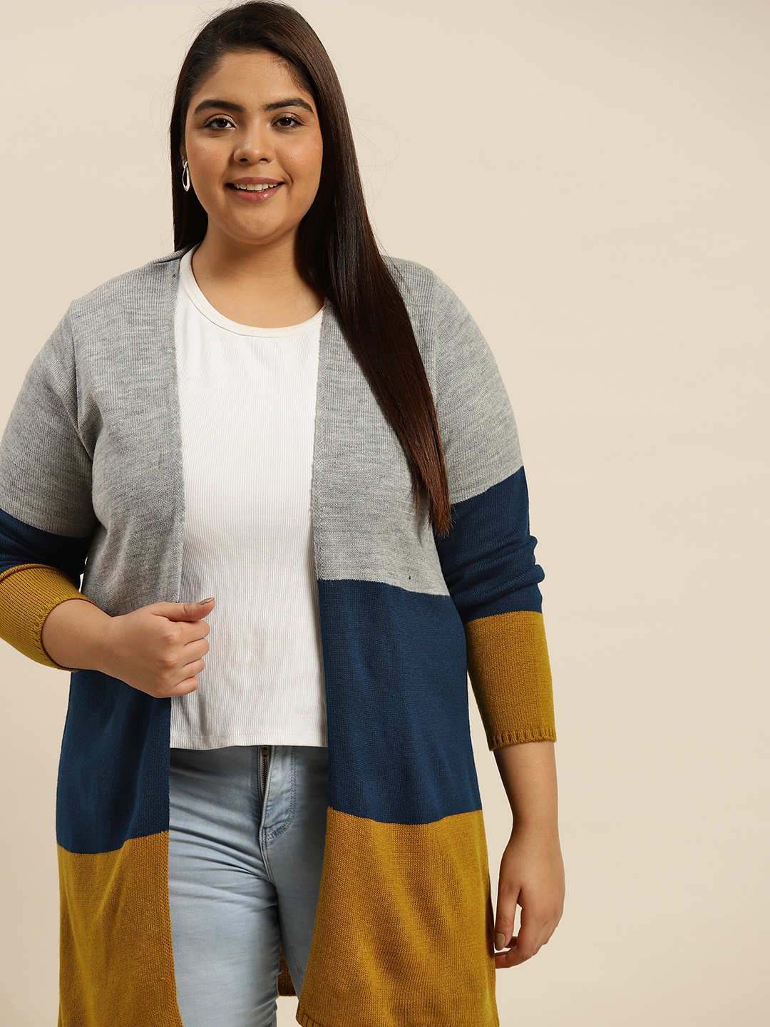 

Sztori Women Plus Size Grey Melange & Navy Blue Colourblocked Longline Front-Open Sweater