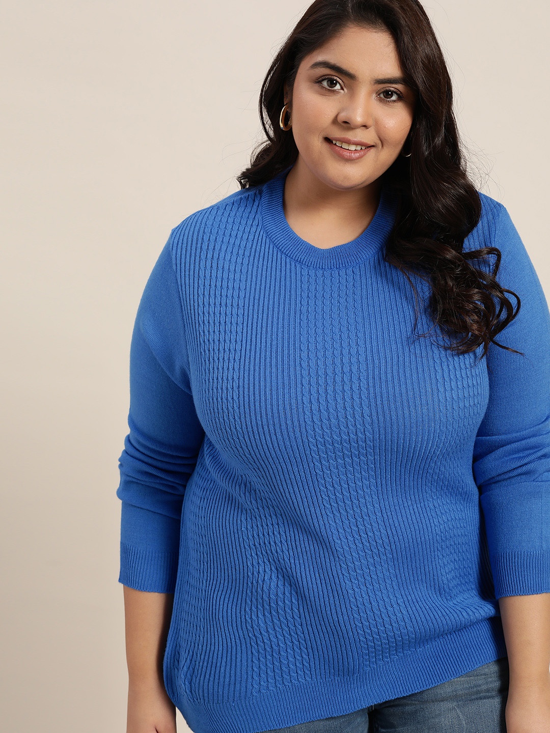 

Sztori Women Plus Size Blue Cable Knit Pullover