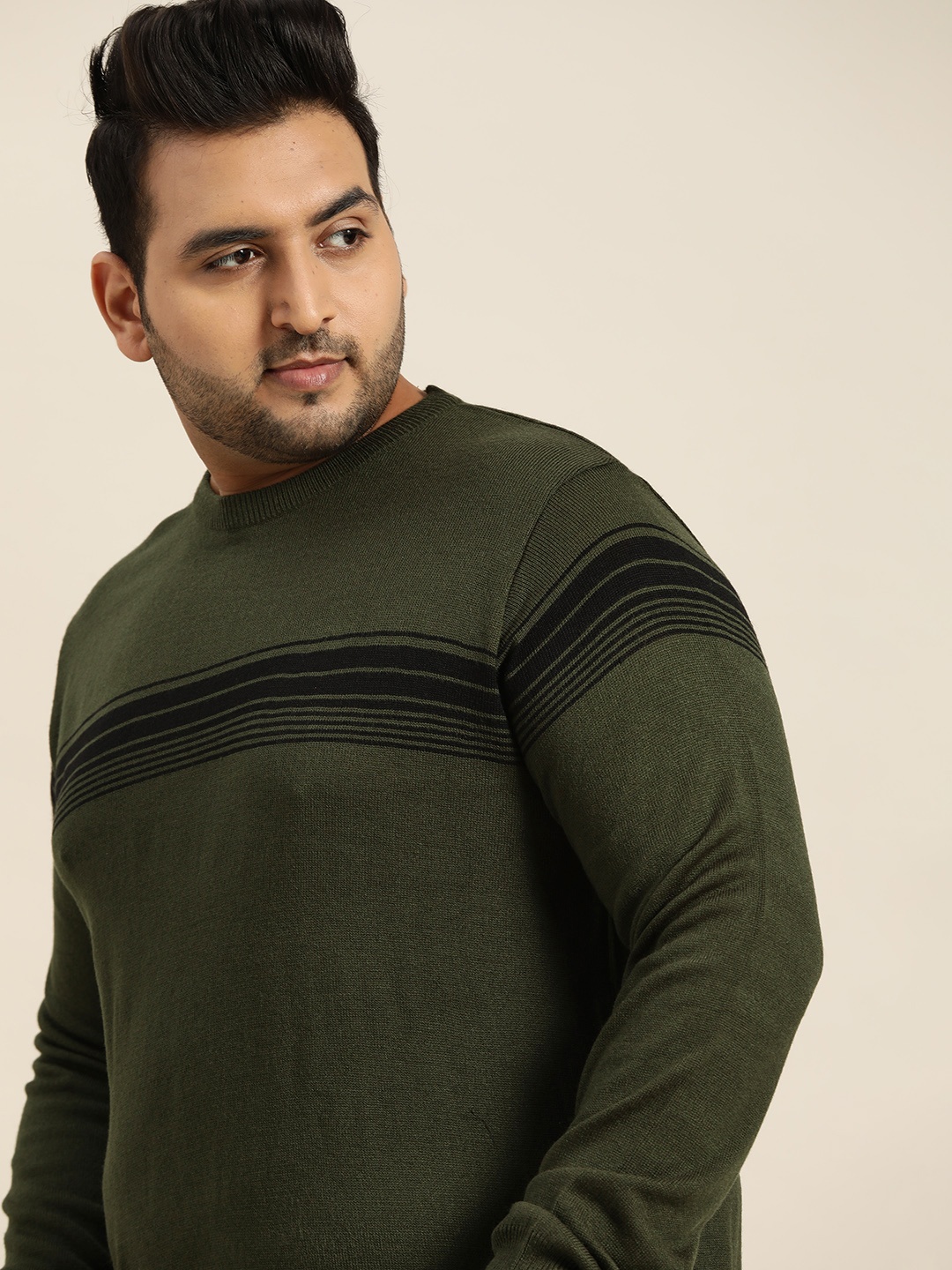 

Sztori Plus Size Men Olive Green & Black Striped Pullover