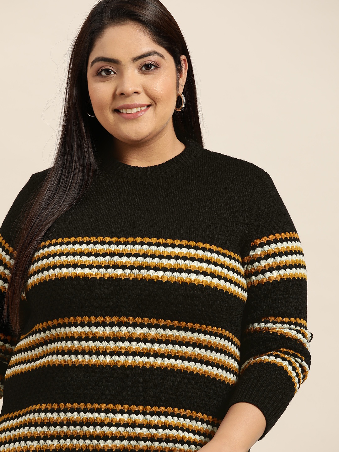 

Sztori Women Plus Size Black & Mustard Yellow Striped Pullover