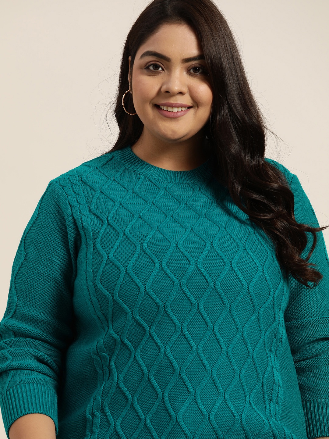 

Sztori Women Plus Size Green Self-Design Pullover