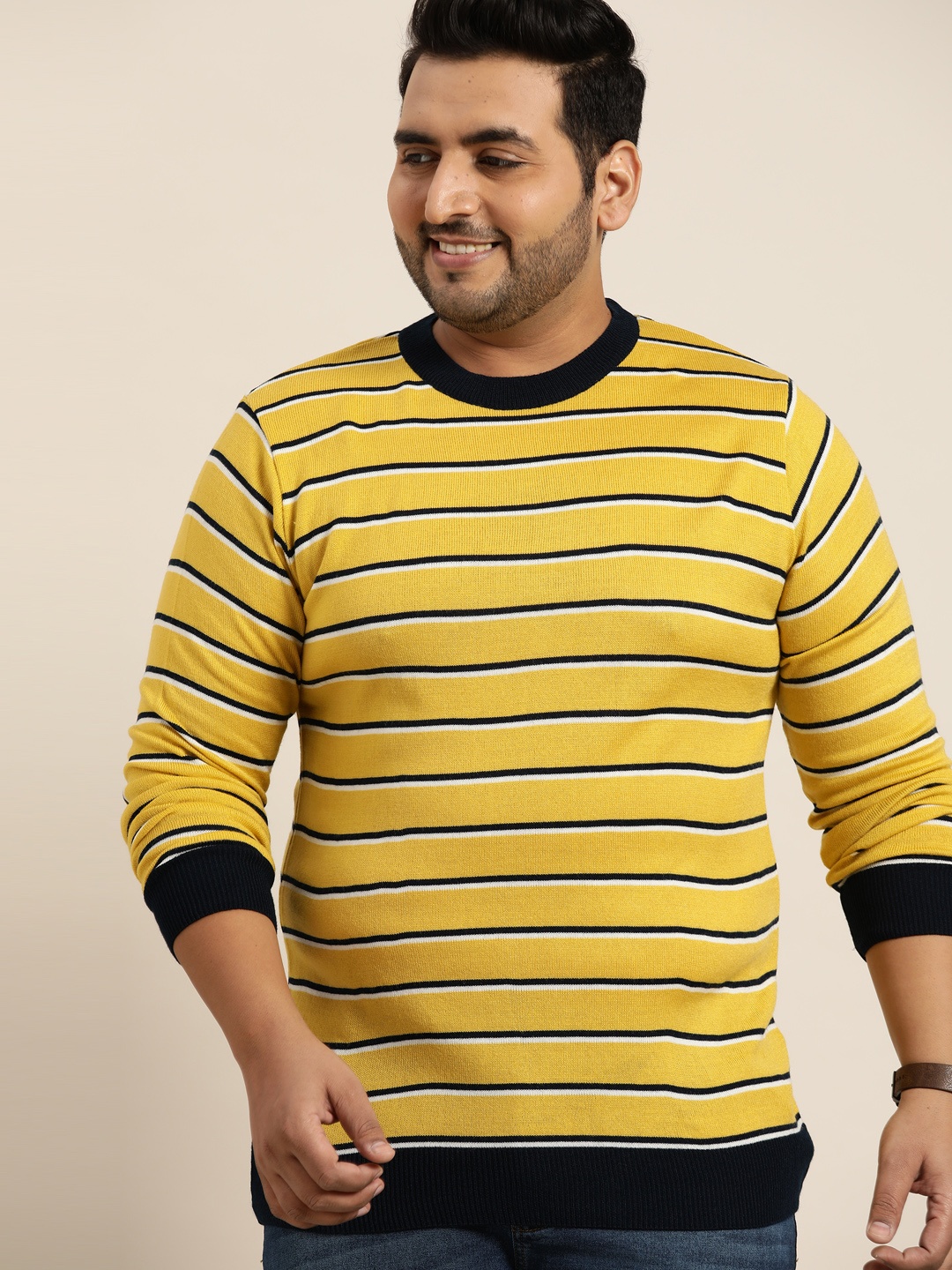 

Sztori Men Plus Size Mustard Yellow & Navy Blue Striped Pullover